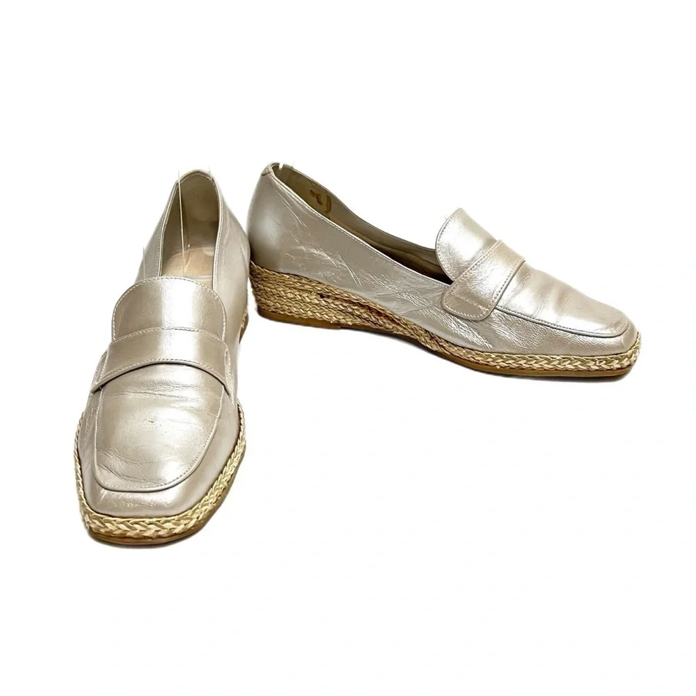Vintage 1990s metallic silver leather slip on wedge espadrille loafers